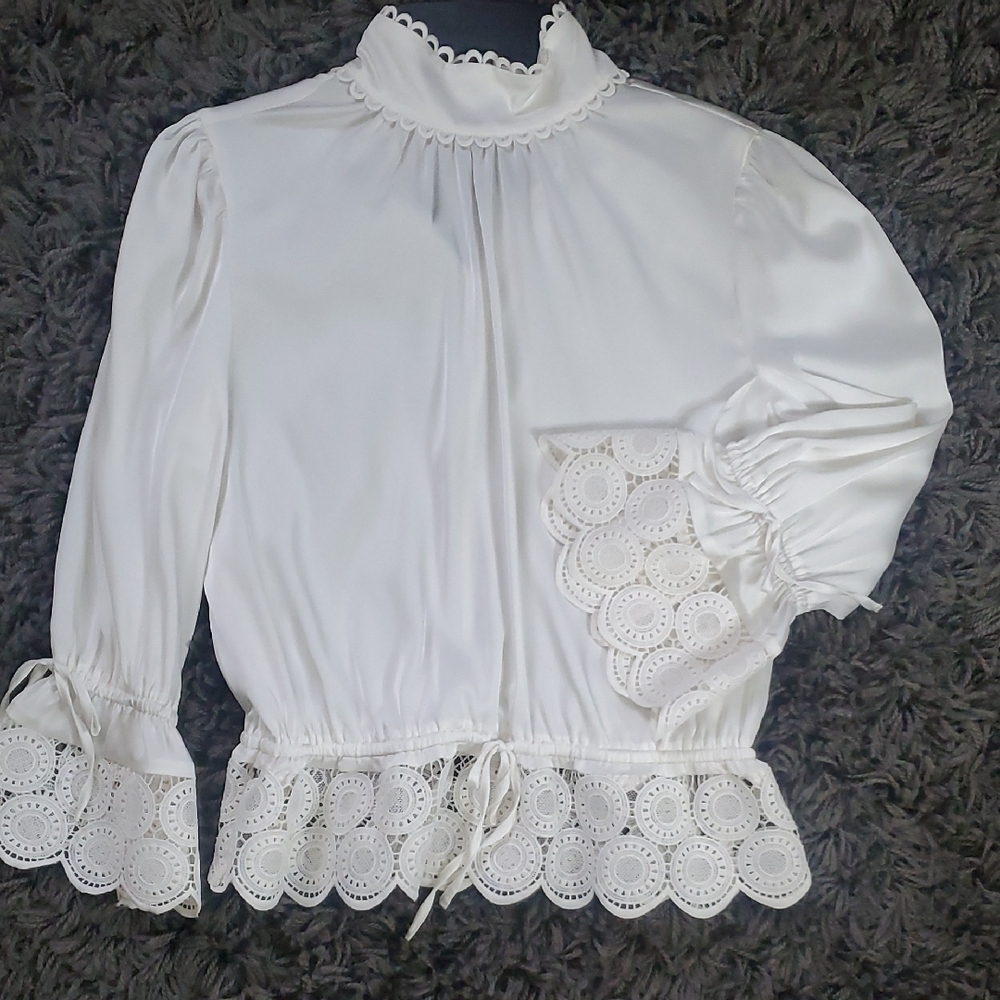 Chic White Eyelet Trim Blouse